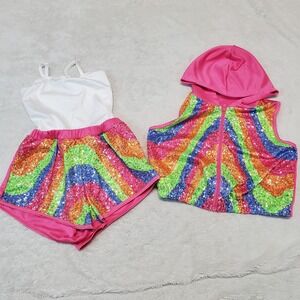 Weissman Pink‎ Rainbow Sequin Sleeveless Hoodie Short Set Dance Costume Girl MC